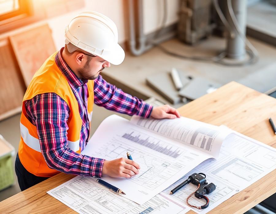 Engenheiro civil analisando projeto técnico em obra